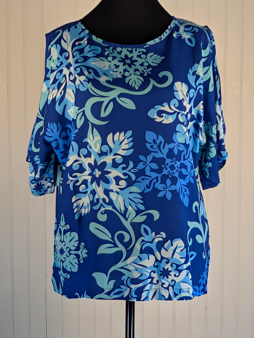 Vintage Kalaheo Blue Tropical Floral Cold-Shoulder Top Size S Made in Hawaii USA